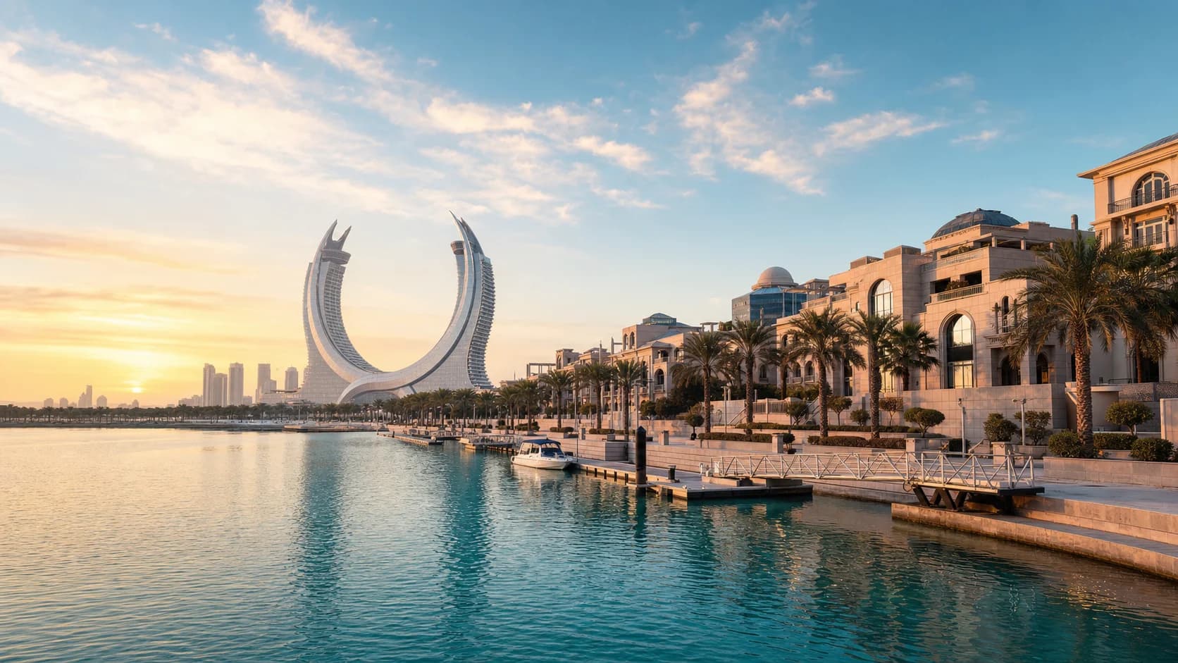 Katara Towers and Doha waterfront at golden hour